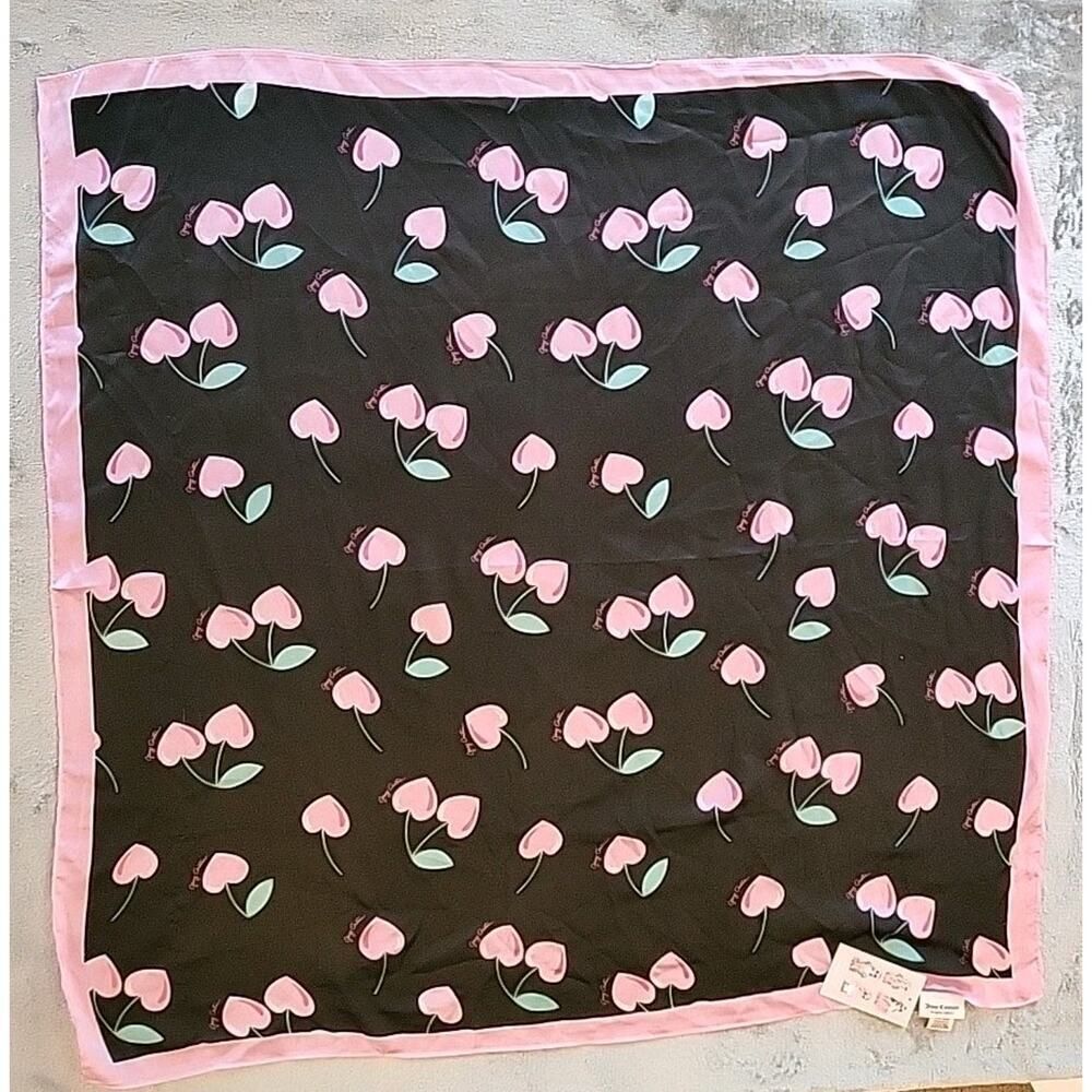 Juicy Couture 100% Polyester Square Scarf Black With Heart Shaped Cherry H65